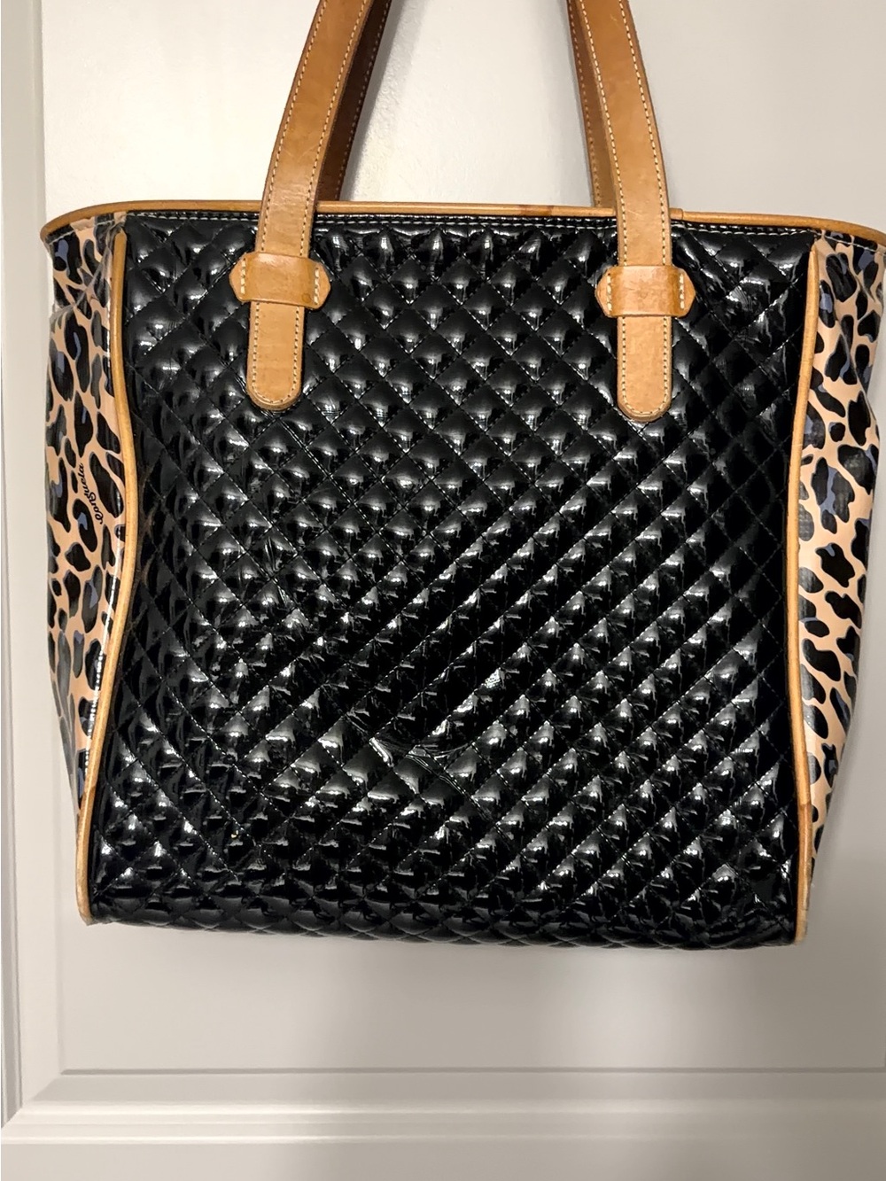 Consuela Black Quilted Floral Embroidered Tote with Tan Handles 14 inches tall - Picture 7 of 11